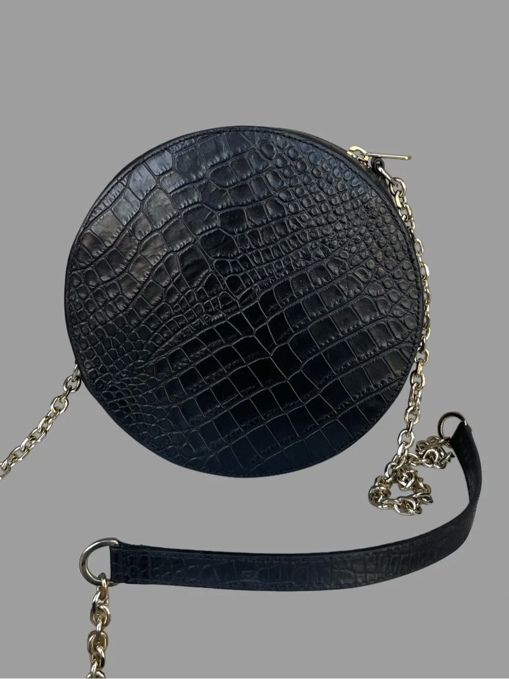 SEZANE Black Croc Embossed Leather Round Circle Crossbody Bag w/ Chain Strap